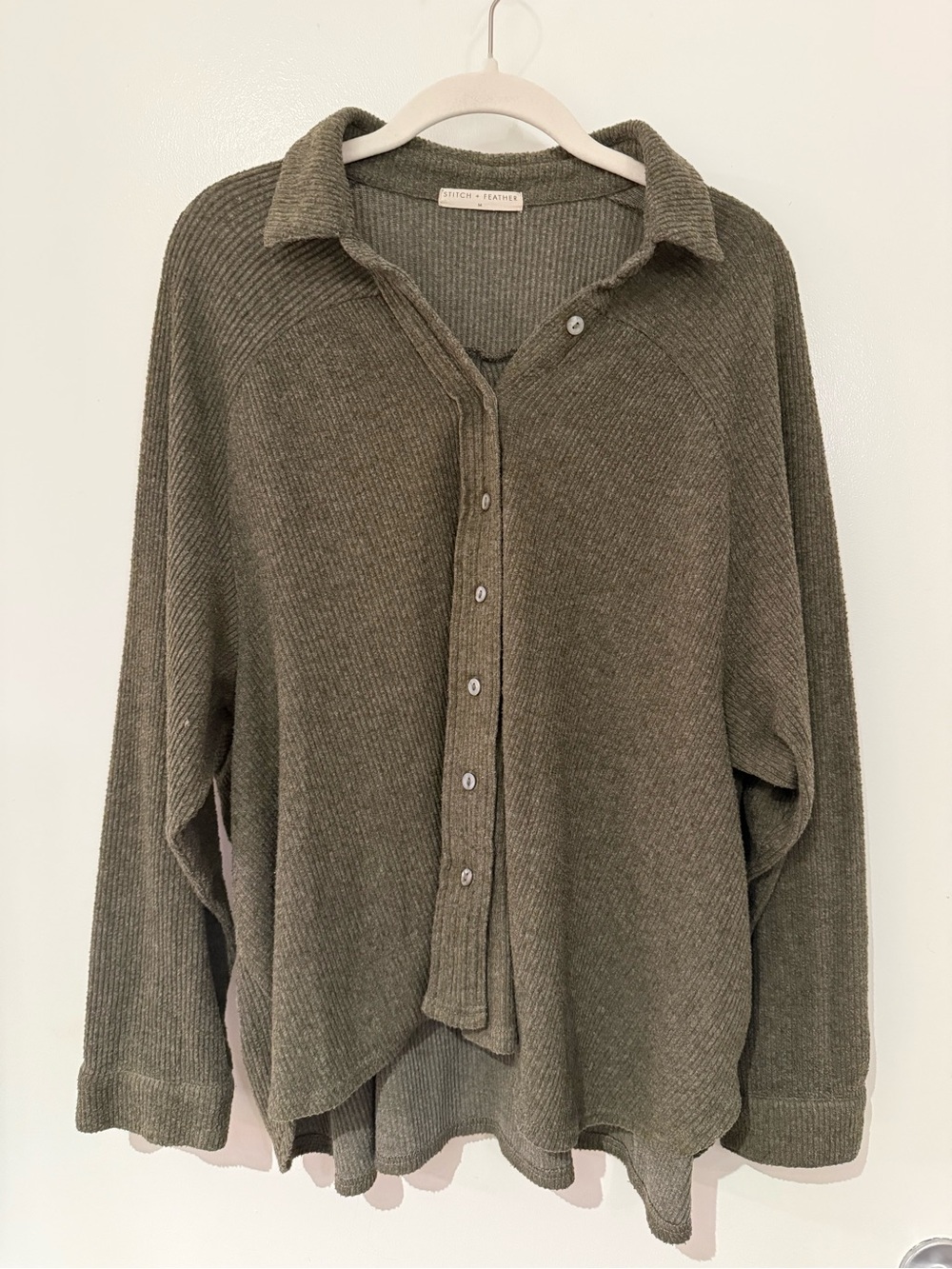 Stitch + Feather Olive Green Button Front Knit Shirt